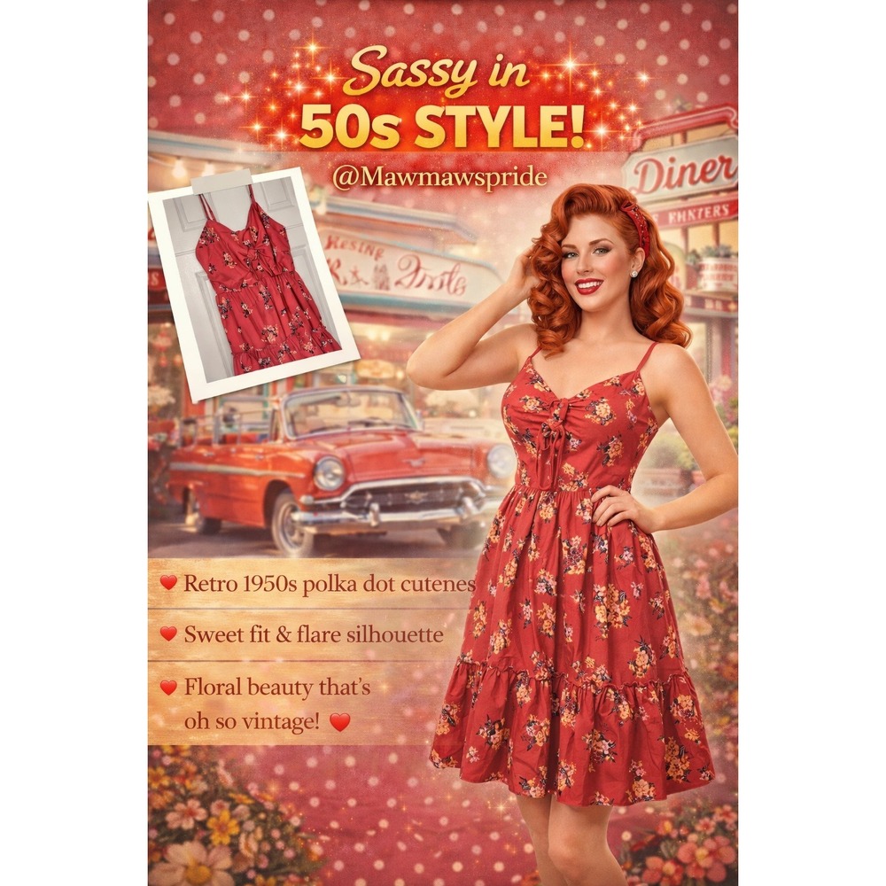 ECOWISH Women Red Floral Tie Front Retro 50s Style Smocked Tiered Midi‎ Dress S